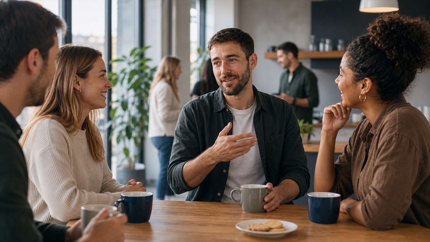 A man in a café talking to the person opposite him, relaxed, with an open gesture.